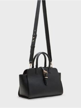 Anne Klein Black Leather Satchel with Gold-Tone Buckle